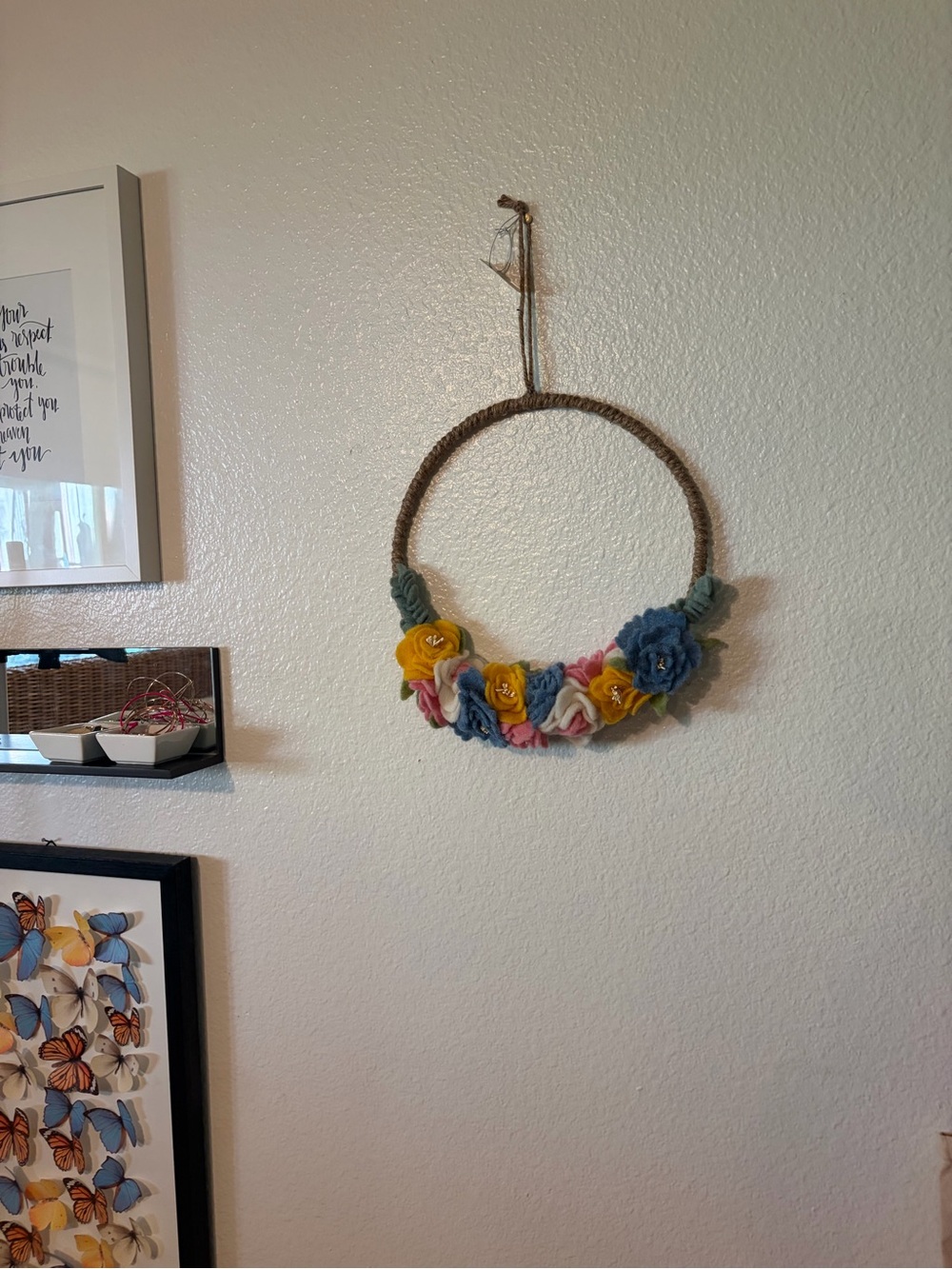 Felted Floral Hoop Wreath - Yellow, Blue, Pink